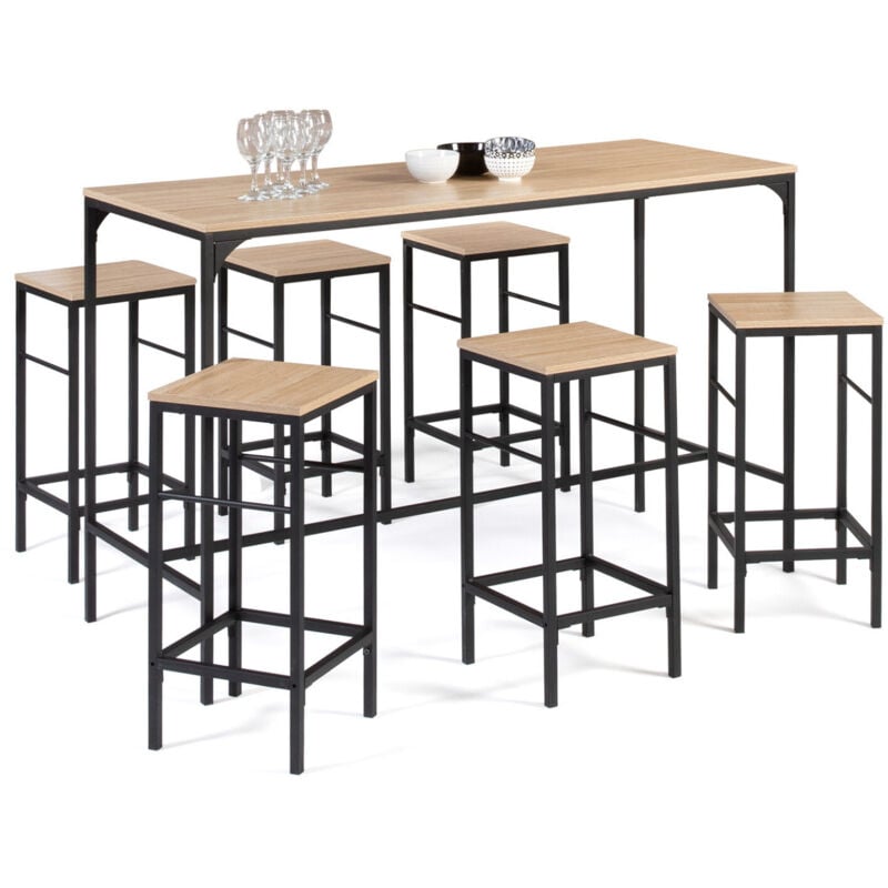 Ensemble table haute de bar detroit 150 cm et 6 tabourets design industriel