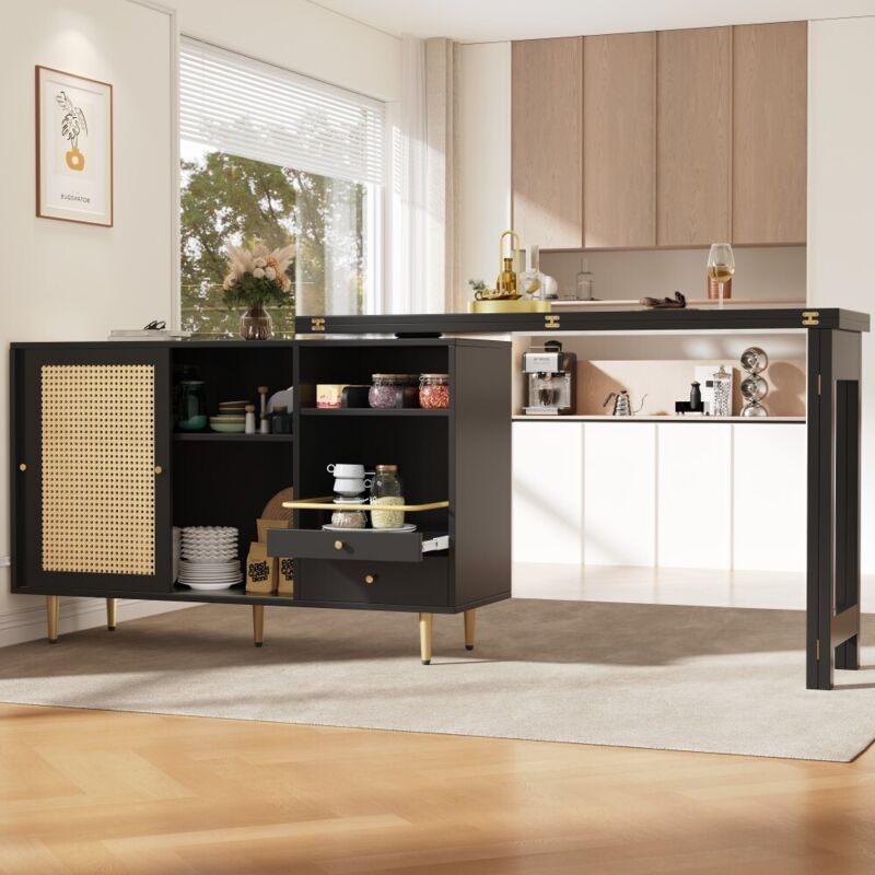 Table haute extensible noire 107x40x71cm – Meuble bar pivotant 360° avec rangement rotin et étagère ouverte – Capacité 60kg