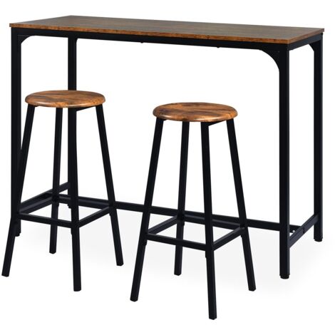 Table haute industrielle avec 2 tabourets – Bois et métal noir – Dimensions table L120 x P50 x H90 cm – Pour coin repas ou espace bar