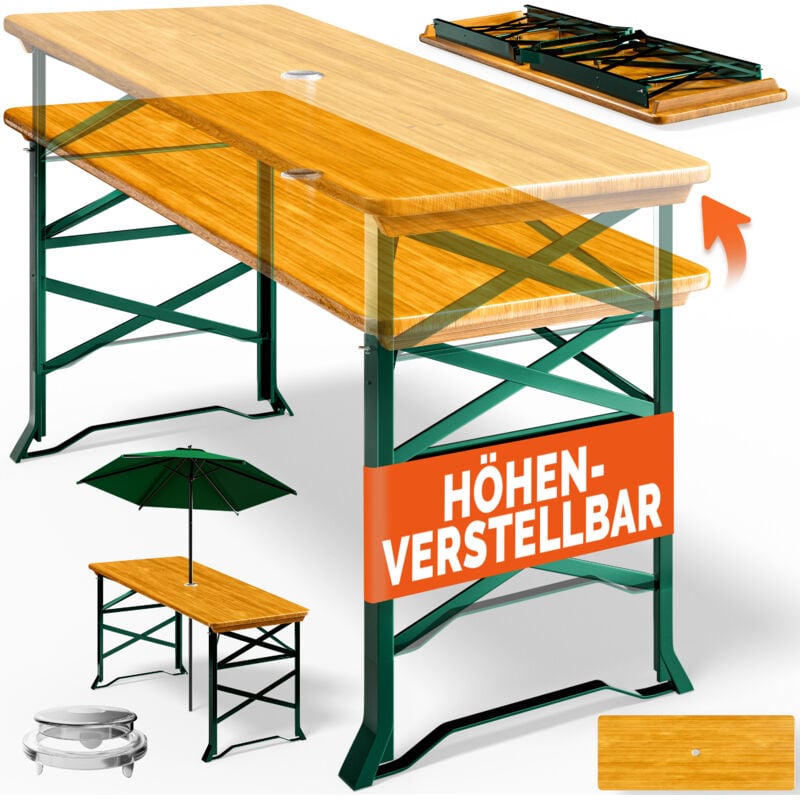 Table pliante en bois 170x50x75/105 cm hauteur réglable Table haute avec trou pour parasol Table de jardin pliable