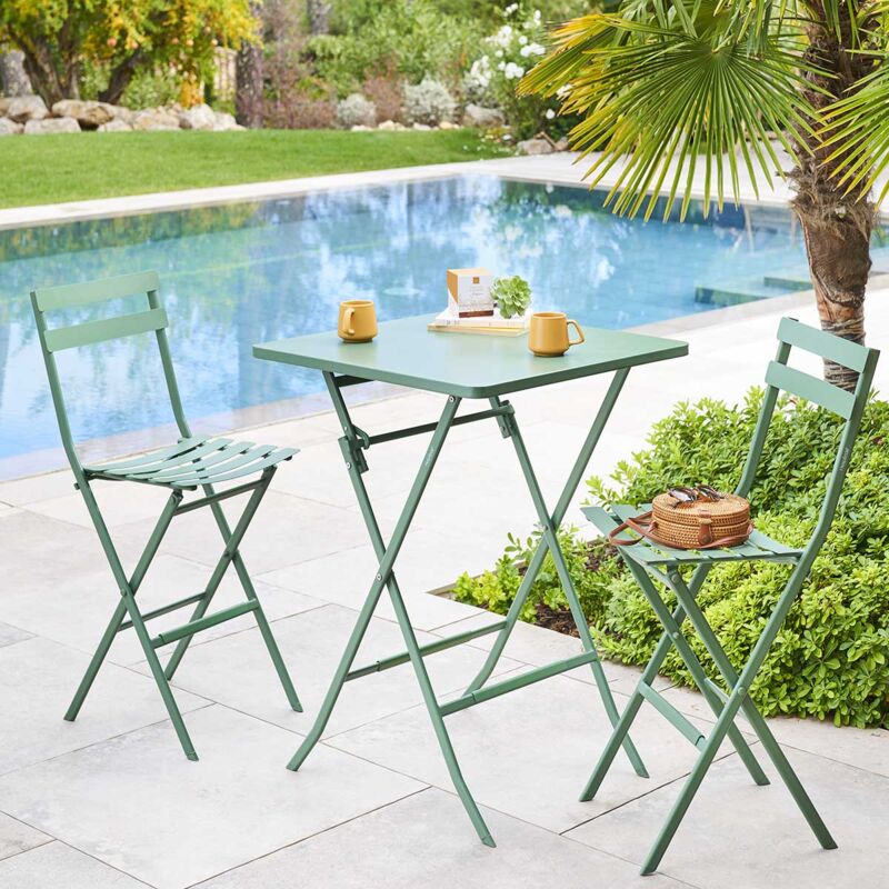 Table haute pliante de jardin Greensboro vert olive 2 places en acier traité époxy - Hespéride