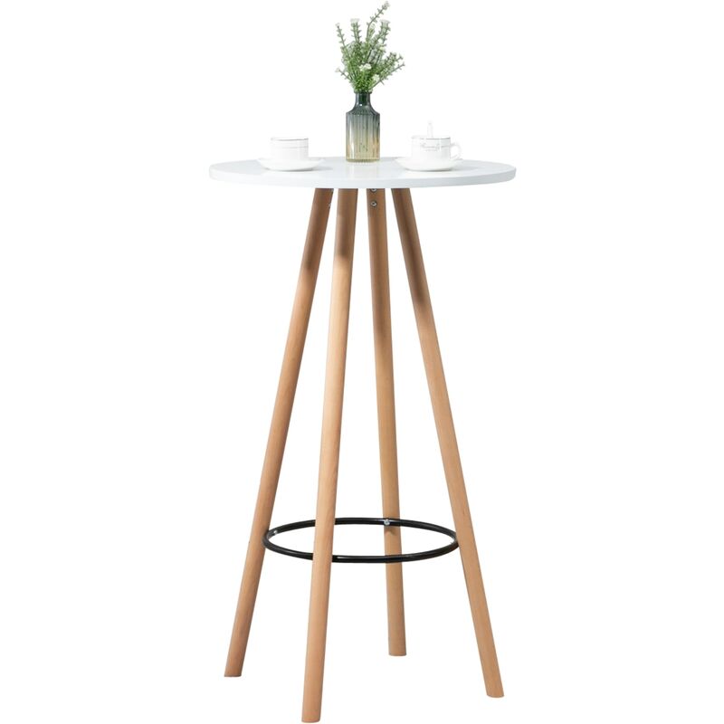 Table haute ronde avec repose-pieds hauteur 107 cm en mdf blanc design scandinave TAB10068