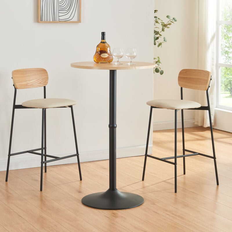 Table haute ronde Vantaa acier mdf 100 x 60 cm noir effet chêne [en.casa]