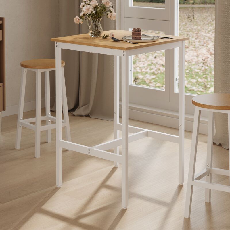 Vasagle – Table haute carrée en aggloméré et acier – Dimensions 60 x 60 x 92 cm – Charge max 100 kg – Style industriel chêne et blanc