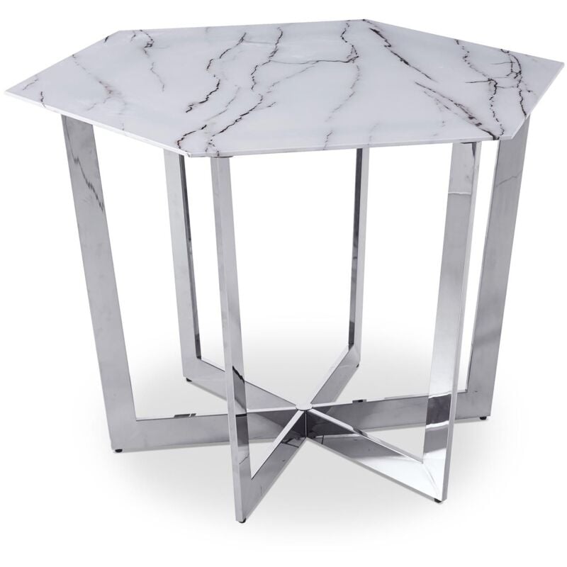 Table hexagonale 120cm Zadig Verre Effet marbre blanc et pied Métal Argent