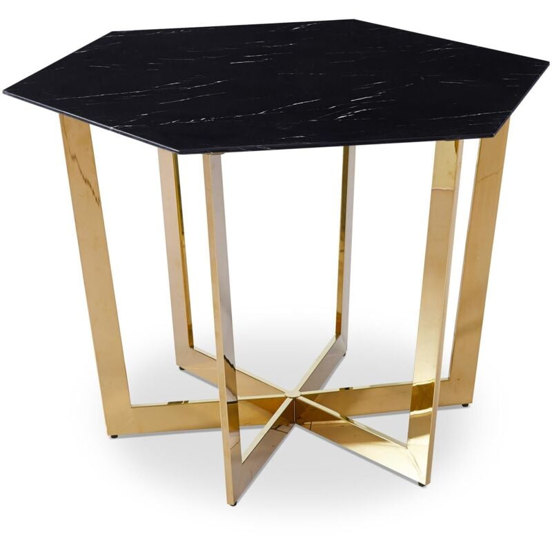 Cotecosy - Table hexagonale 120cm Zadig Verre Effet marbre noir et pied Métal Or