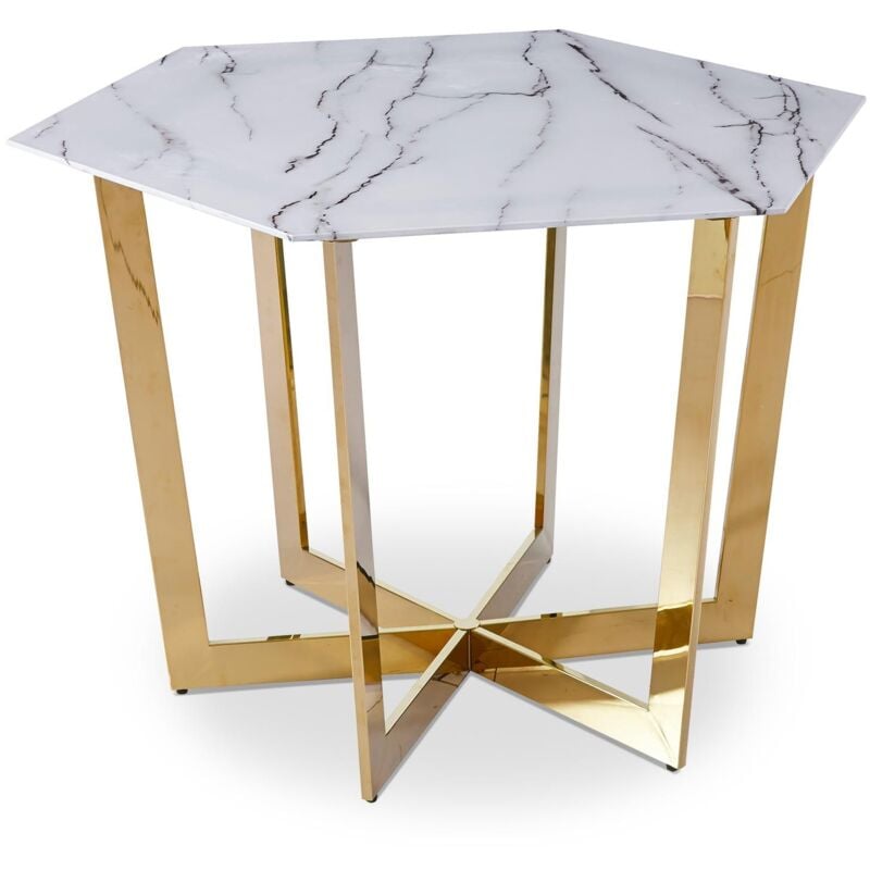 Cotecosy - Table hexagonale 120cm Zadig Verre Effet marbre blanc et pied Métal Or
