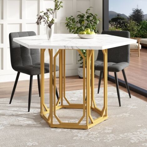 Table hexagonale marbre cuisine petit déjeuner pieds métal pièce unique