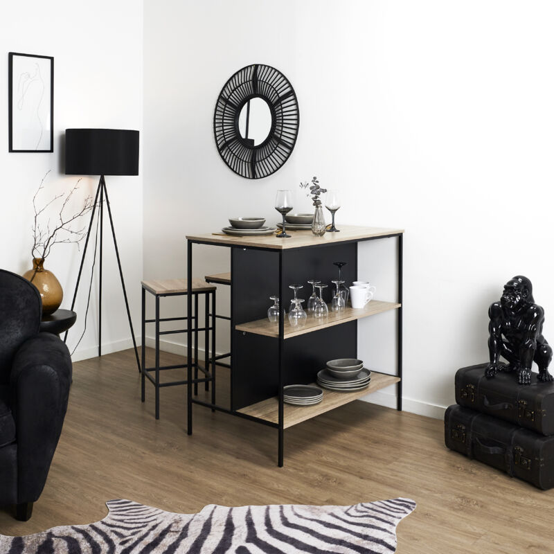 The Home Deco Factory - Table ilot en bois avec 2 tabourets Loka