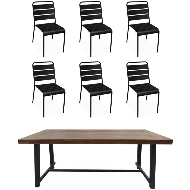 Sweeek - Table intérieur / extérieur bois et métal. 190cm + 6 chaises en métal empilables - Noir