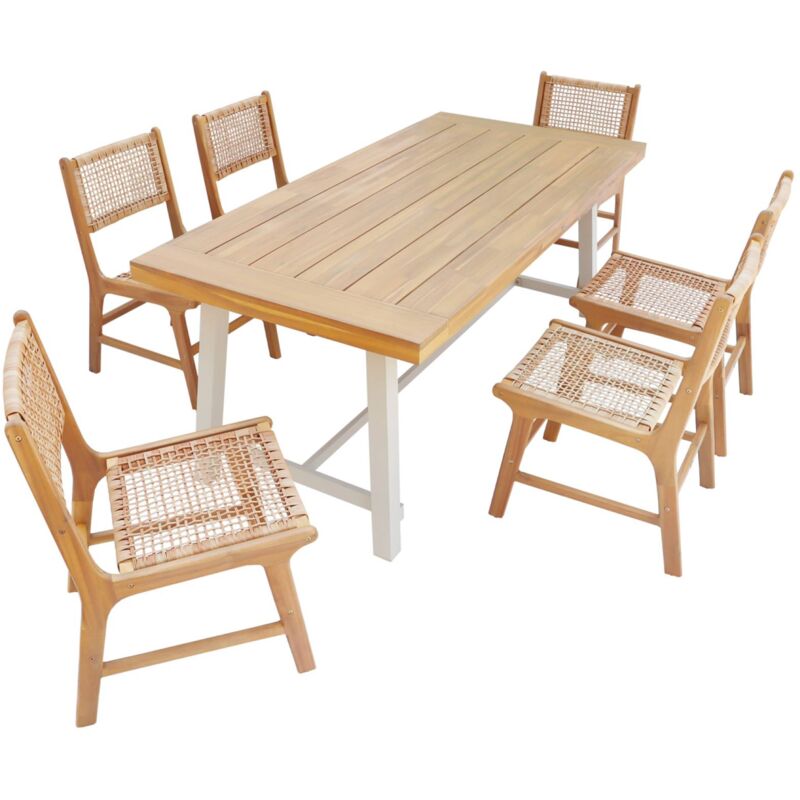Table intérieur/extérieur bois d'acacia et métal 6 chaises résine tressée Naturel / Naturel