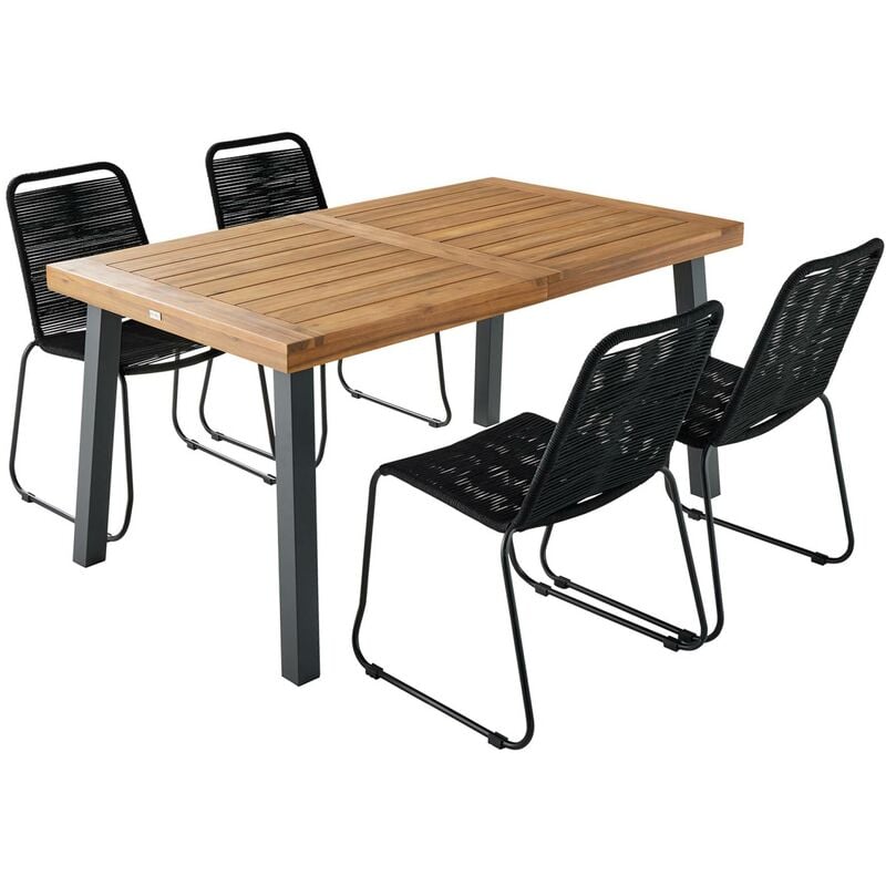 Sweeek - Table intérieur / extérieur Santana en bois et métal. 150cm + 4 chaises en corde brasilia noires. empilables - Noir