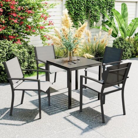 Table jardin aluminium 73 x 73 cm, effet bois, résistante intempéries, 4 personnes, noire