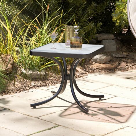 Table Jardin Carrée Plateau Verre Trempé 50 cm Table Basse Patio avec Cadre Métal Noir CW98042