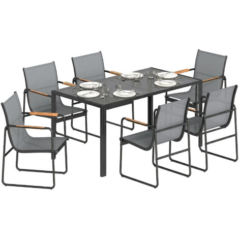 Table jardin + chaises, table verre trempé, 6 chaises respirantes, terrasse/patio, gris