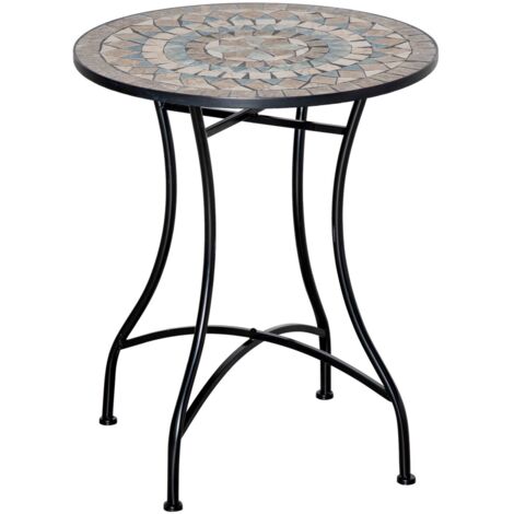 Table jardin ronde mosaïque céramique vert beige blanc 60x60x71 cm bistro, idéale balcon terrasse extérieur
