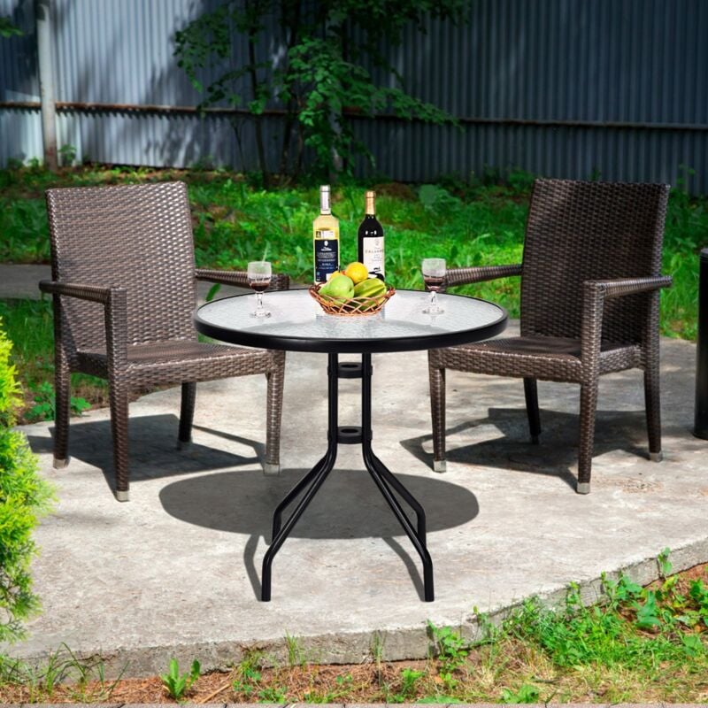 Table Jardin Ronde Verre Trempé 70 cm avec Cadre Métal et Trou pour Parasol CW97542