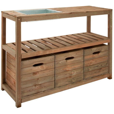 Jardipolys – Table de rempotage 129x45x90 cm – 3 bacs de rangement – Étagère incluse – Pour outils de jardinage et pots de fleurs