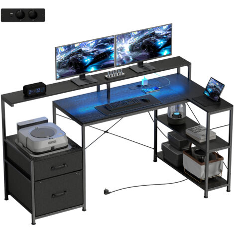 Table jeu forme L LED prises double support moniteur 165x80x91,5 cm aspect bois noir