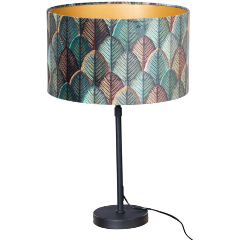 Table Lamp Black with Velvet Lampshade Leaf Design and Gold Interior - Parte