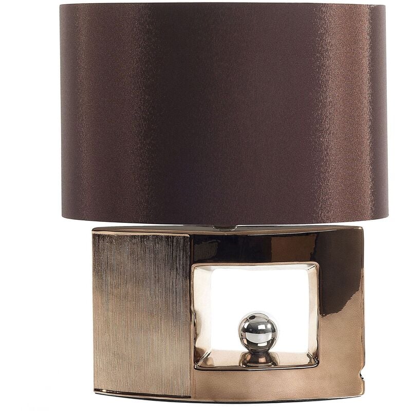 Modern Table Lamp Bedside Faux Silk Brown Drum Shade Porcelain Base Gold Duero
