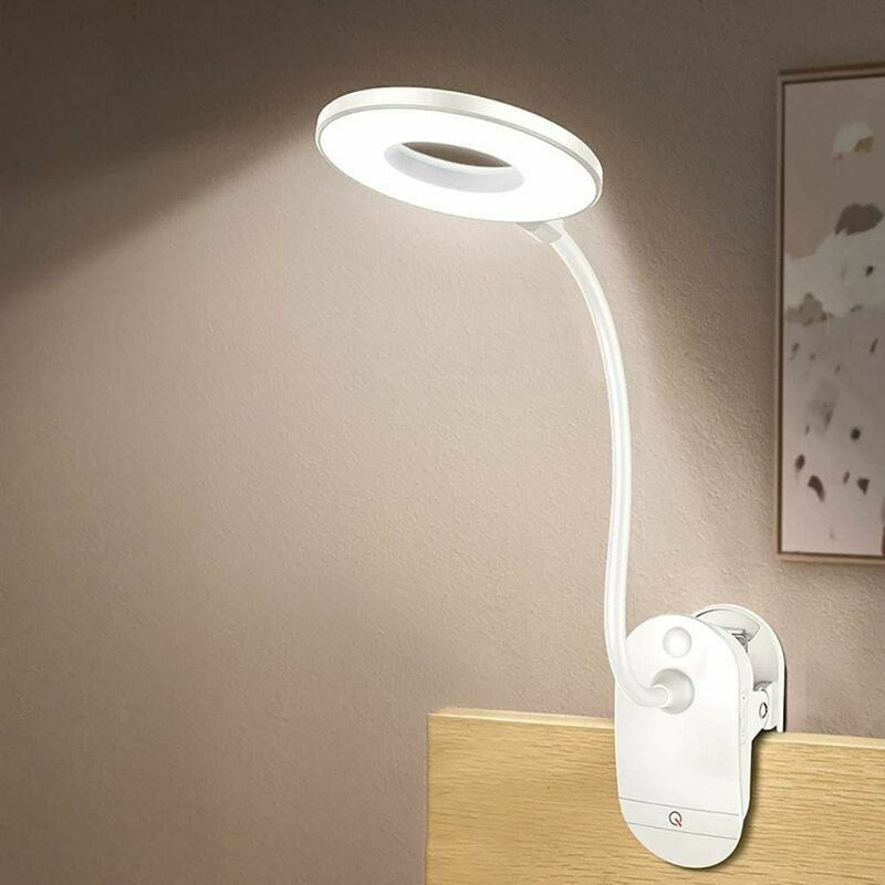 Hoopzi - Table Lamp Clip Lamp, Battery Operated Reading Lamp, Clip Lamp for Bed with 3 Brightness Levels, usb Rechargeable, Reading Lamp