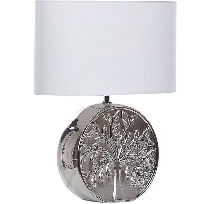 Table Lamp Glam Silver Ceramic Base Shade Tree Motif Glossy 49 cm Kherlen - Silver