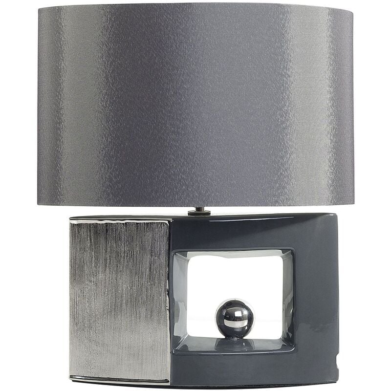 Modern Table Lamp Bedside Faux Silk Drum Shade Silver Porcelain Base Grey Duero