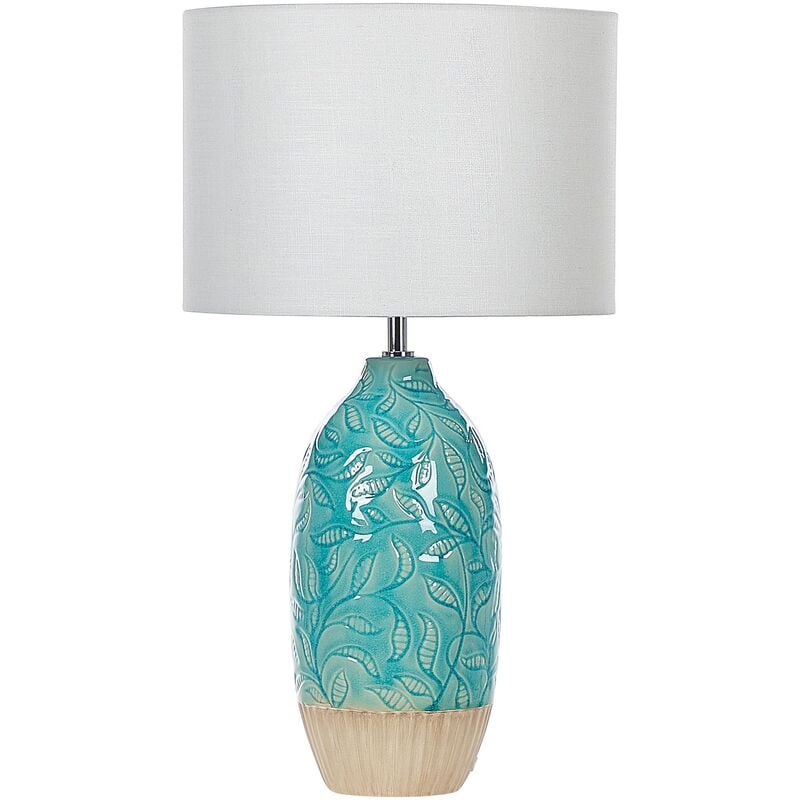 Table Lamp Home Light Ceramic Adorned Base Fabric White Shade Turquoise Ataba - Blue