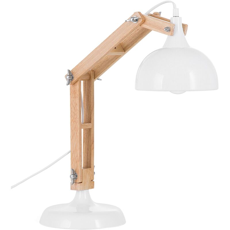 Modern Desk Lamp White Steel Shade Solid Wood Swing Arm Base Adjustable Salado