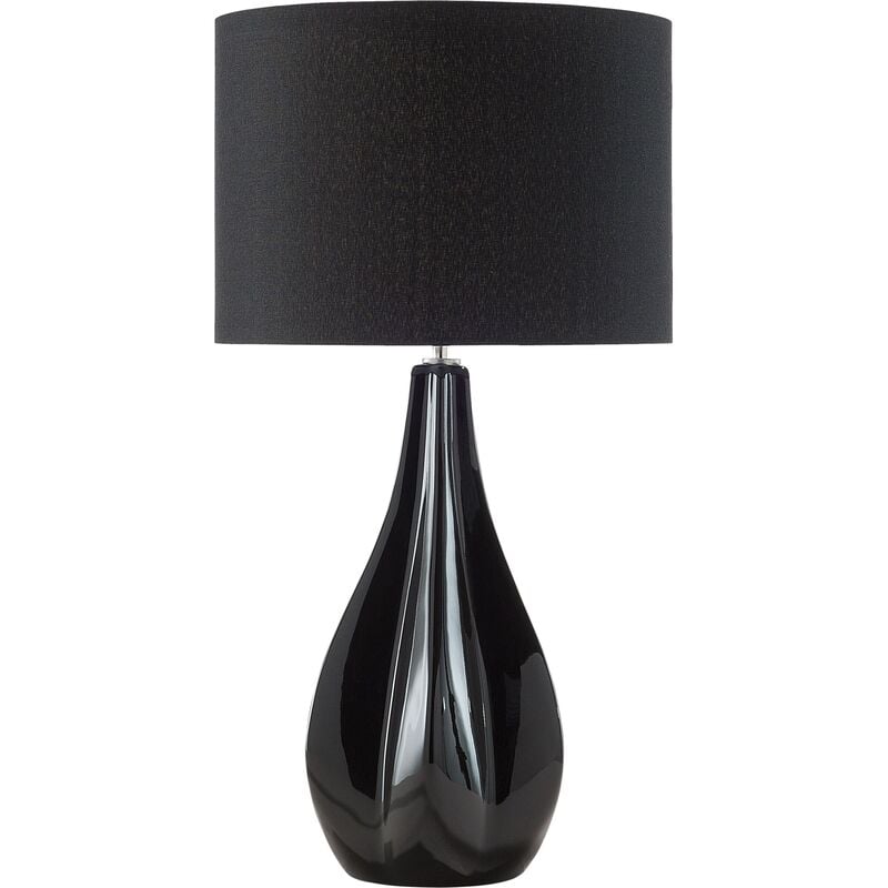 Modern Table Lamp Round Cylindrical Drum Shade Black Porcelain Base Santee