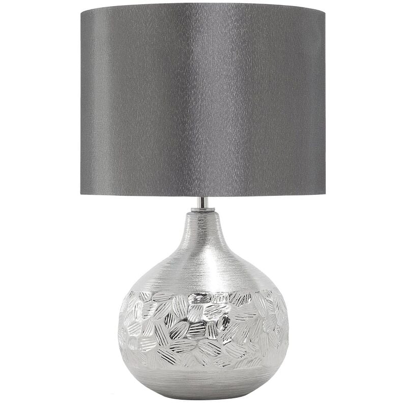 Modern Table Lamp Grey Faux Silk Drum Shade Porcelain Silver Round Base Yakima