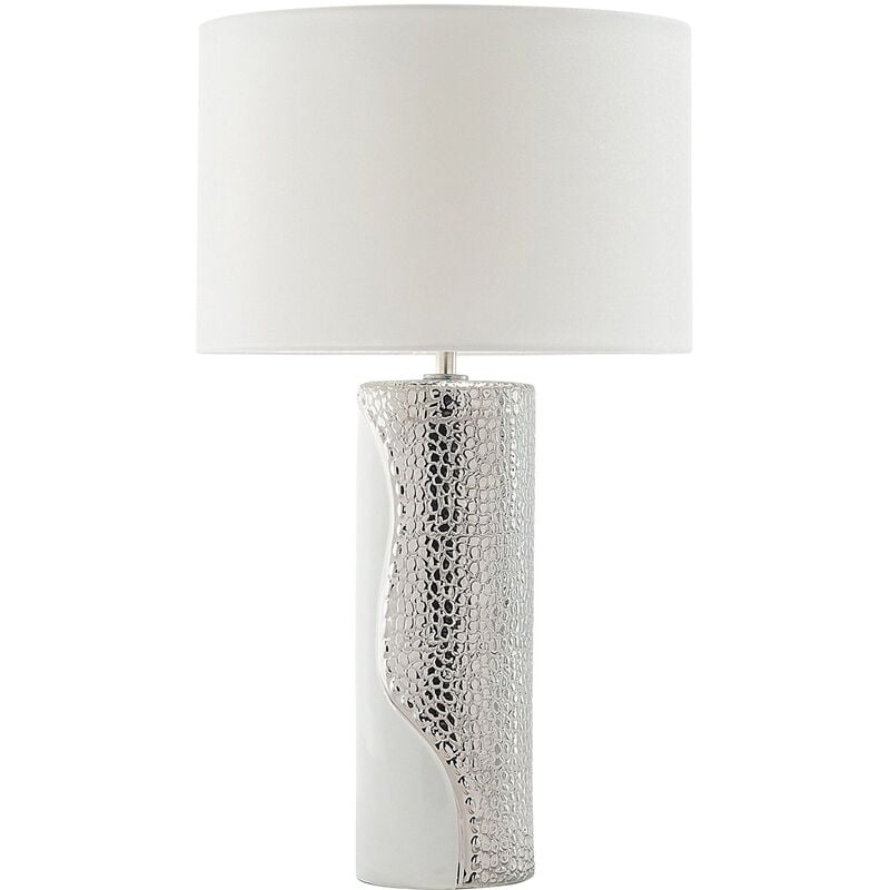 Modern Table Lamp White Cylindrical Faux Silk Drum Shade Porcelain Base Aiken