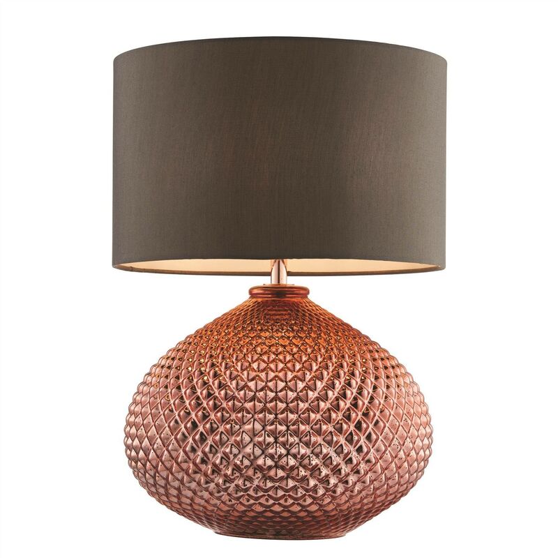 Endon Livia - 1 Light Table Lamp Copper Plated Glass, Grey Faux Silk, E27