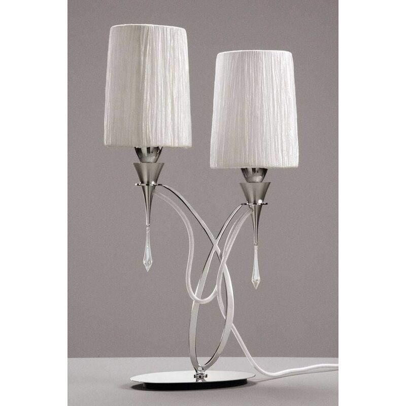 09diyas - Table lamp Lucca 2 bulbs E27, polished chrome with white lampshades & transparent crystal