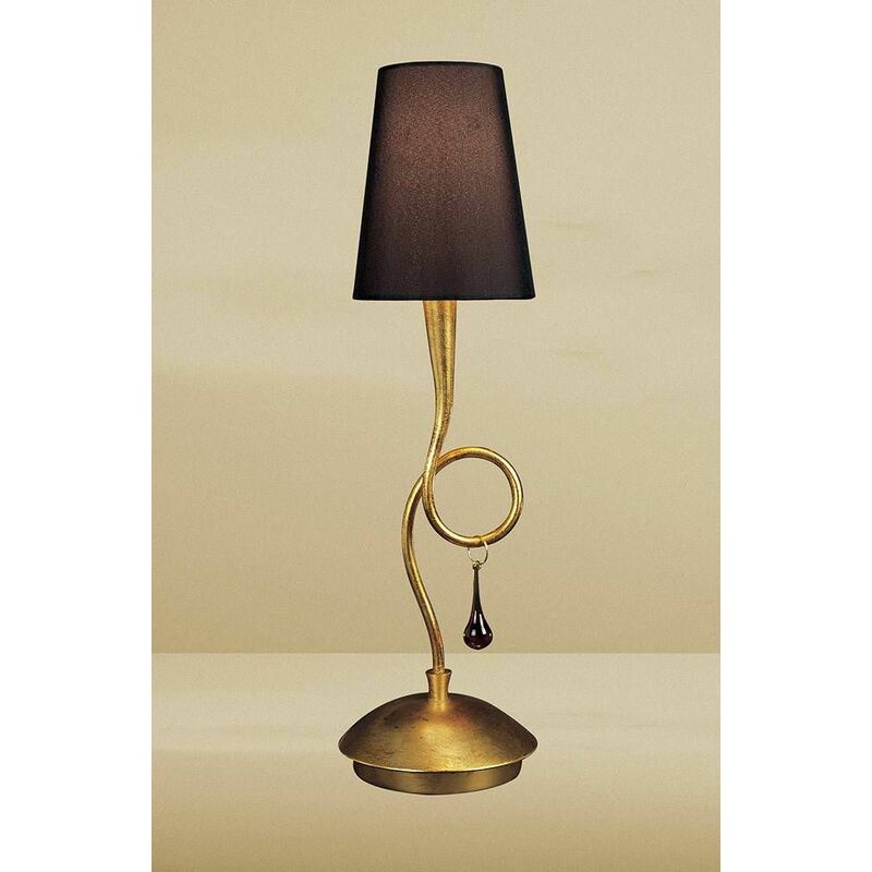 09diyas - Table Lamp Paola 1 Bulb E14, painted gold with black shade & amber glass droplets