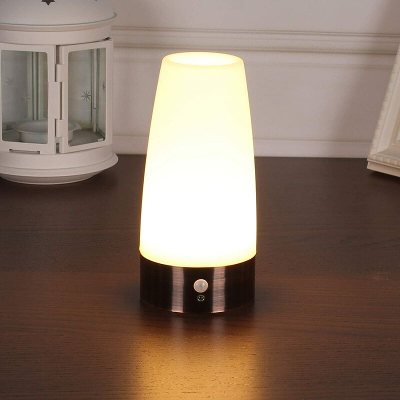 Table Lamp, Retro led Night Light, Bedside Lamp with Wireless pir Motion Sensor, Requires 3 aaa 1.5V Batteries, Plastic, White Light, Round