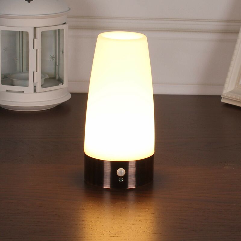 Tumalagia - Table Lamp Retro led Night Light Bedside Lamp with Wireless pir Motion Sensor Requires 3 aaa 1.5V Batteries Plastic White Light Round