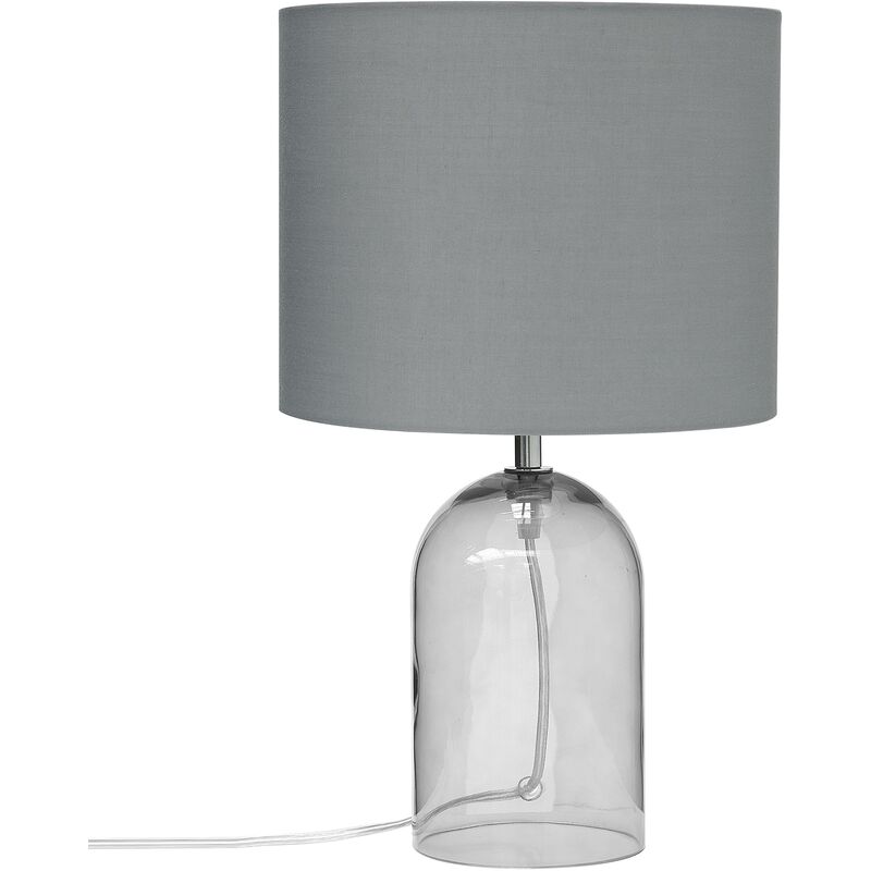 Modern Minimalistic Bedside Table Lamp Glass Base Fabric Drum Shade Grey Devoll