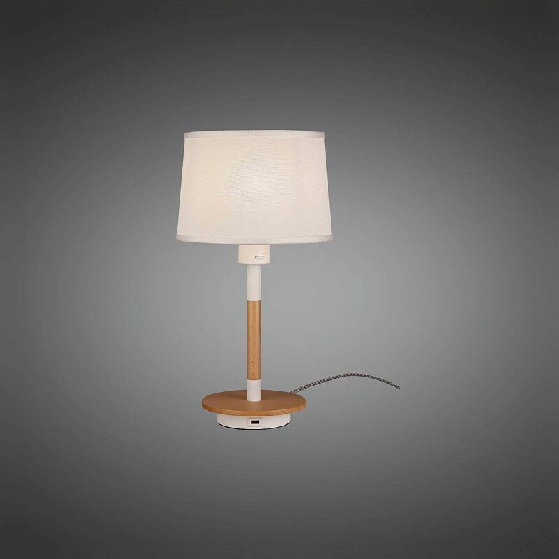 Table Lamp Nordica II with USB Socket, 1x23W E27, white / beech with white shade
