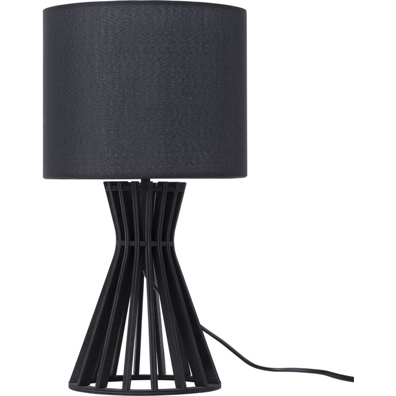Modern Scandinavian Table Lamp Wooden Slatted Base Natural Black Shade Carrion