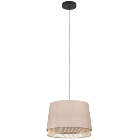 Table légère suspendue en acier noir Textile, Nature du bois, brun E27 1x40W H: 110cm Ø38cm Dimmable
