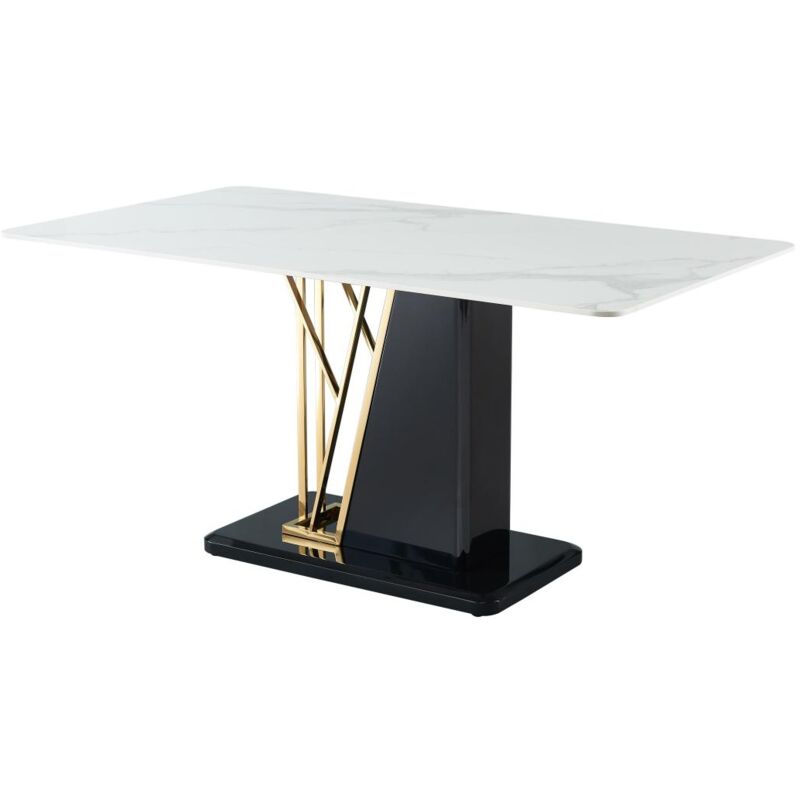 Table à manger 6 personnes en céramique et MDF - Effet marbre blanc, doré et noir laqué - BALLARAT