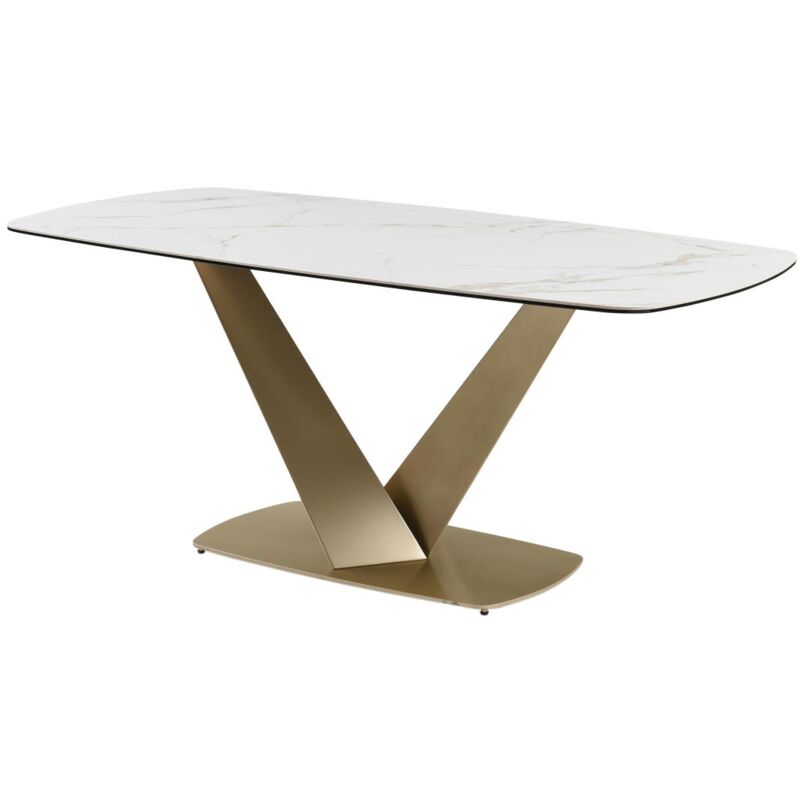 Vente-unique - Table à manger 6 personnes en céramique, verre trempé et métal doré - Effet marbre blanc - porelima de Maison Céphy