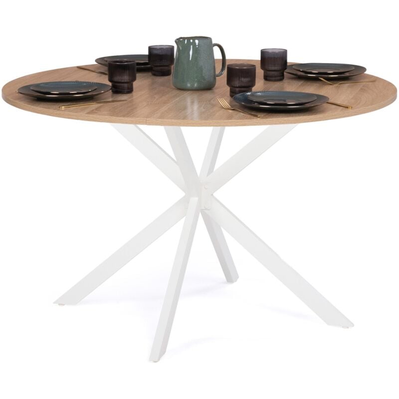 Table à manger ronde alix 6 personnes pied araignée bois et blanc 110 cm