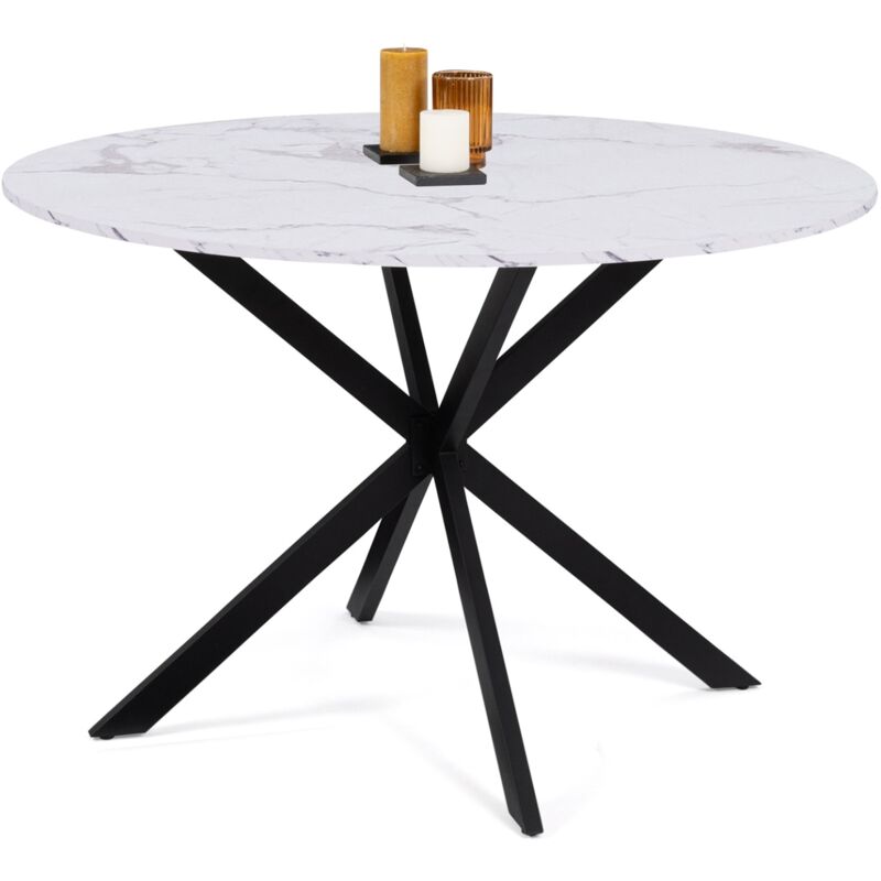 Table à manger ronde alix 6 personnes pied araignée noir et plateau effet marbre blanc alaska 110 cm