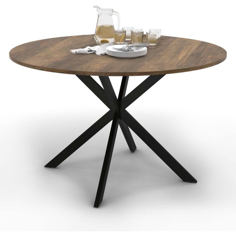 Table à manger ronde alix plateau hawkins 6 personnes pied araignée bois foncé et noir 110 cm