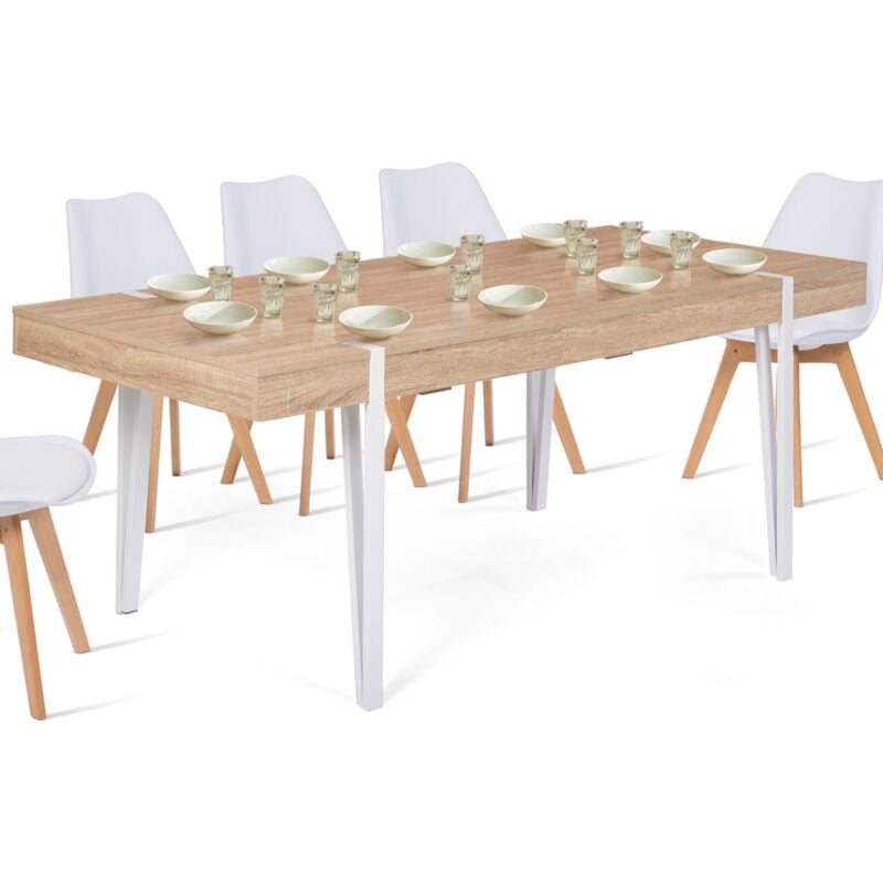 Table à manger rectangle AUSTRIA 10 personnes bois pieds épingle blanc 200 cm