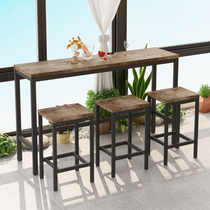Table manger, avec 3 tabourets, plateau en bois, mdf, structure en métal, style vintage, longue table à manger, convient pour salle à manger ou bar