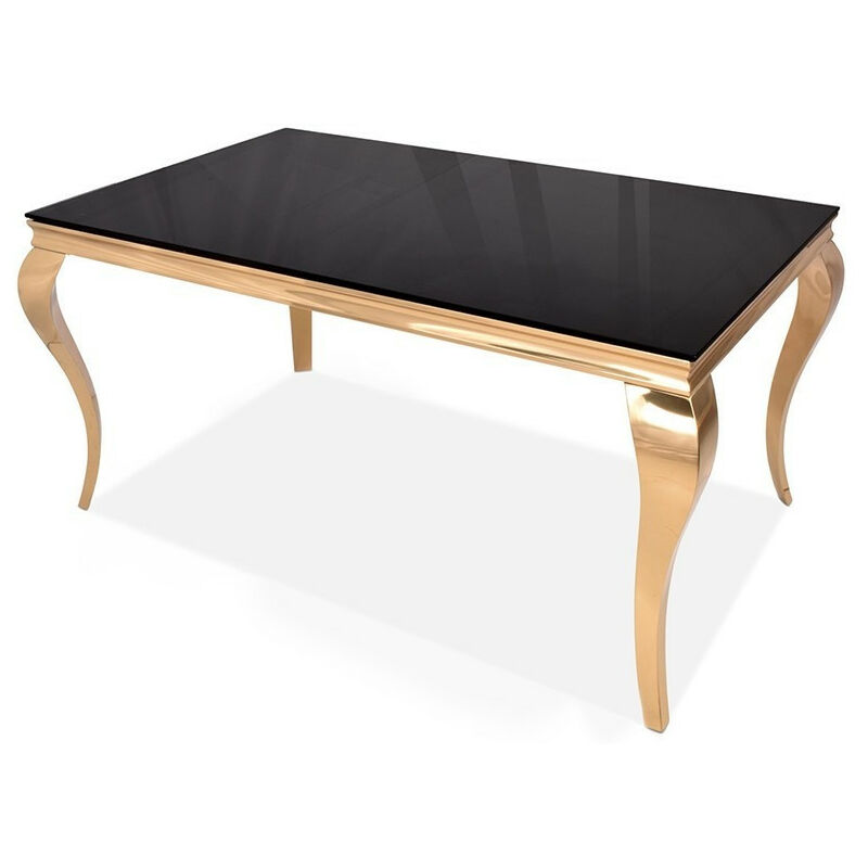 Les Tendances - Table à manger design plateau verre noir et pieds doré Skinda 180 cm